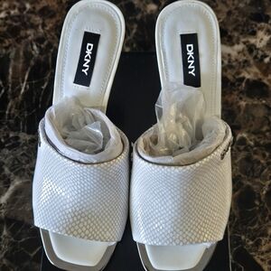 DKNY White Snakeskin Heel Mules